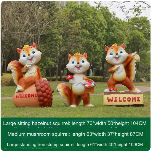 Fiberglass material, environmentally friendly and harmless, suitable for outdoor use, designed as a cartoon squirrel sculpture for lawn decoration in parks.