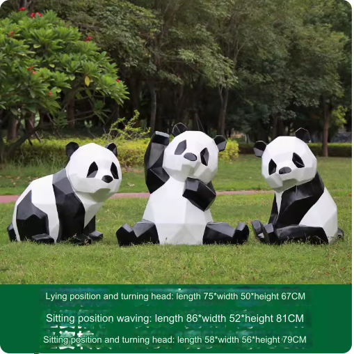 Fiberglass painted panda sculpture, outdoor lawn decoration with geometric animal design.