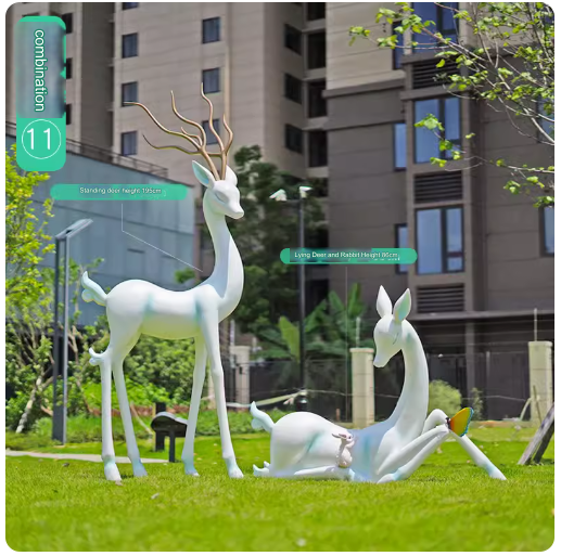 Crafted from fiberglass, these abstract white deer sculptures serve as stunning outdoor decorative pieces, perfect for enhancing the aesthetic appeal of parks, lawns, and gardens.