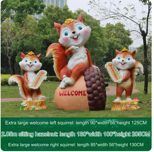 Fiberglass material, environmentally friendly and harmless, suitable for outdoor use, designed as a cartoon squirrel sculpture for lawn decoration in parks.