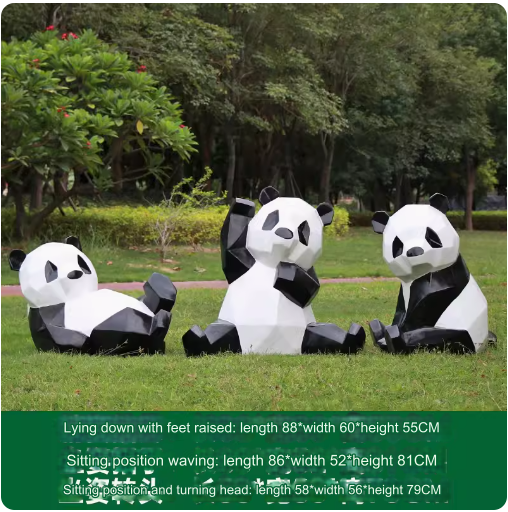 Fiberglass painted panda sculpture, outdoor lawn decoration with geometric animal design.