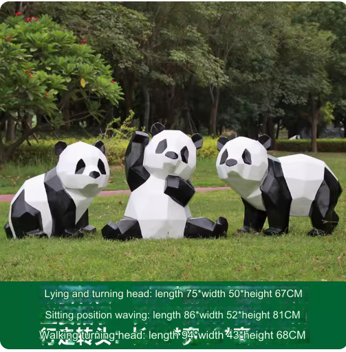 Fiberglass painted panda sculpture, outdoor lawn decoration with geometric animal design.