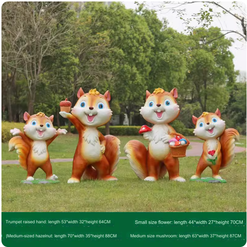 Fiberglass material, environmentally friendly and harmless, suitable for outdoor use, designed as a cartoon squirrel sculpture for lawn decoration in parks.