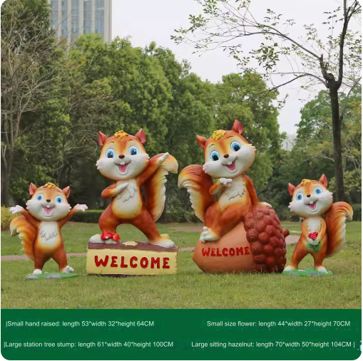 Fiberglass material, environmentally friendly and harmless, suitable for outdoor use, designed as a cartoon squirrel sculpture for lawn decoration in parks.