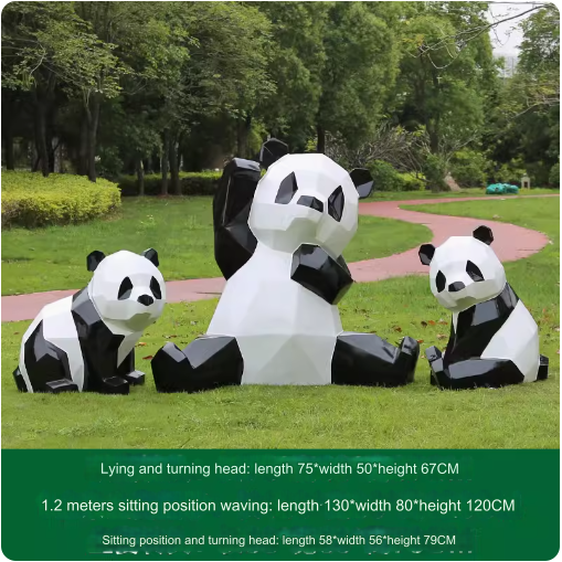 Fiberglass painted panda sculpture, outdoor lawn decoration with geometric animal design.