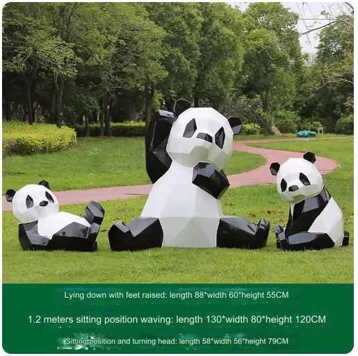 Fiberglass painted panda sculpture, outdoor lawn decoration with geometric animal design.