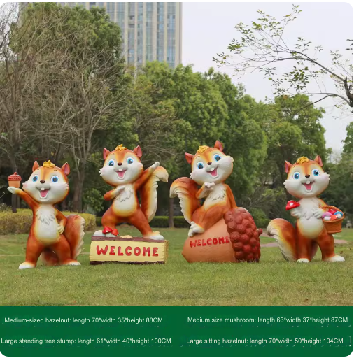 Fiberglass material, environmentally friendly and harmless, suitable for outdoor use, designed as a cartoon squirrel sculpture for lawn decoration in parks.