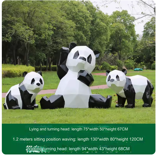 Fiberglass painted panda sculpture, outdoor lawn decoration with geometric animal design.