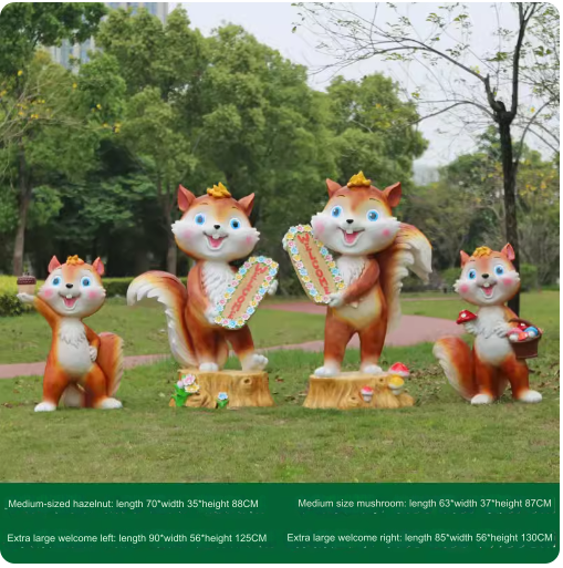 Fiberglass material, environmentally friendly and harmless, suitable for outdoor use, designed as a cartoon squirrel sculpture for lawn decoration in parks.