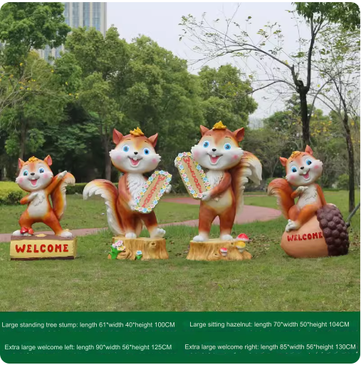 Fiberglass material, environmentally friendly and harmless, suitable for outdoor use, designed as a cartoon squirrel sculpture for lawn decoration in parks.