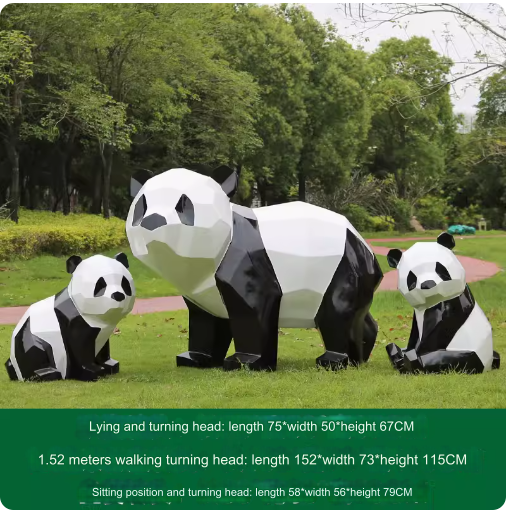 Fiberglass painted panda sculpture, outdoor lawn decoration with geometric animal design.