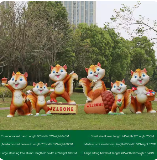 Fiberglass material, environmentally friendly and harmless, suitable for outdoor use, designed as a cartoon squirrel sculpture for lawn decoration in parks.