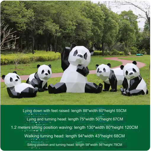 Fiberglass painted panda sculpture, outdoor lawn decoration with geometric animal design.