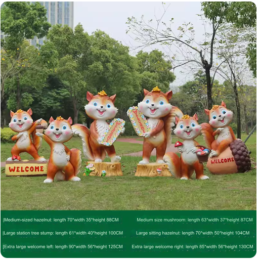 Fiberglass material, environmentally friendly and harmless, suitable for outdoor use, designed as a cartoon squirrel sculpture for lawn decoration in parks.