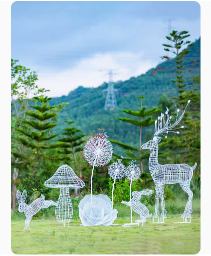 This stainless steel hollow-out sculpture features a graceful deer amidst blooming dandelions, adding a touch of elegance to any outdoor space.