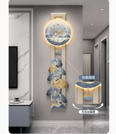 Luxurious entryway decor with a nine-fish painting and clock wall hanging.