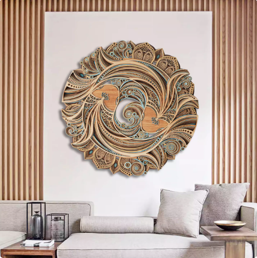 Circular wall decoration with stacked wooden carvings in a new Chinese style, ideal for adorning the living room or dining room background wall.