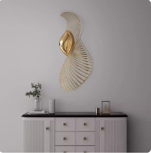 Creative stainless steel wall decor, featuring intricate three-dimensional designs.