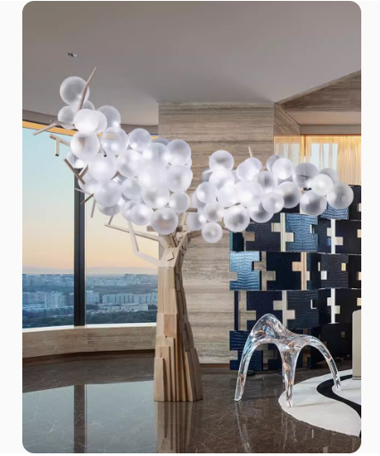 Interior landscape transparent tree ball lamp art installation, large floor decoration for hall landscaping.