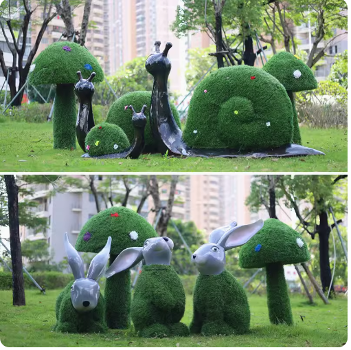 "Outdoor Garden Landscape: Simulated Green Snail Glass Fiber Sculpture Grass Mat Mushroom Rabbit Ornament Decoration"