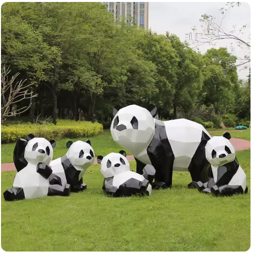 Fiberglass painted panda sculpture, outdoor lawn decoration with geometric animal design.