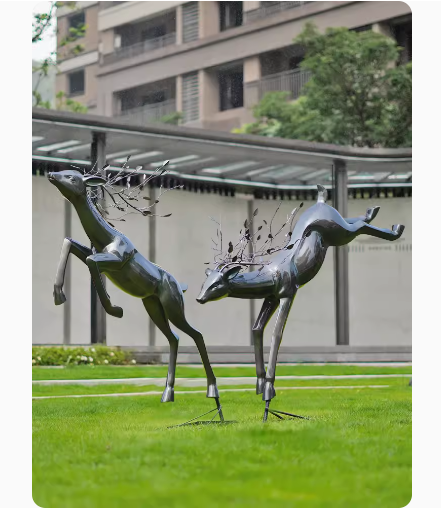 Outdoor abstract imitation bronze deer sculpture, made of fiberglass, suitable for landscape decoration.