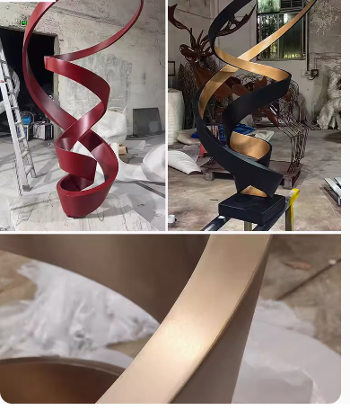 Stainless Steel Ribbon Sculpture, Abstract Artistic Design, Luxury Decoration, Large-Scale Statement Piece, Customizable Spiral Irregular Shape.