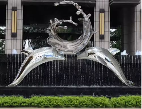 Stainless steel simulated dolphin fish sculpture, suitable for outdoor pool landscaping decoration, large floor-standing ornament.