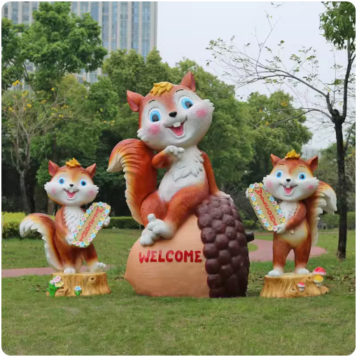 Fiberglass material, environmentally friendly and harmless, suitable for outdoor use, designed as a cartoon squirrel sculpture for lawn decoration in parks.