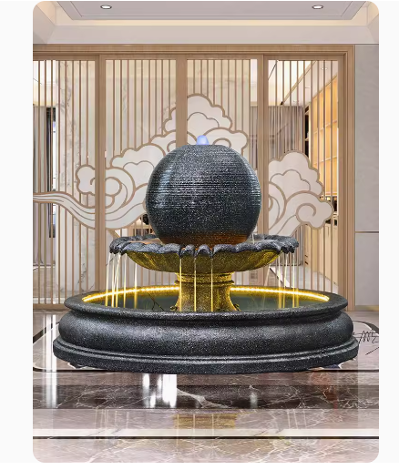 This outdoor courtyard fish pond features a large European-style round water fountain sculpture that doubles as a humidifier and floor decoration.