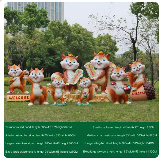 Fiberglass material, environmentally friendly and harmless, suitable for outdoor use, designed as a cartoon squirrel sculpture for lawn decoration in parks.