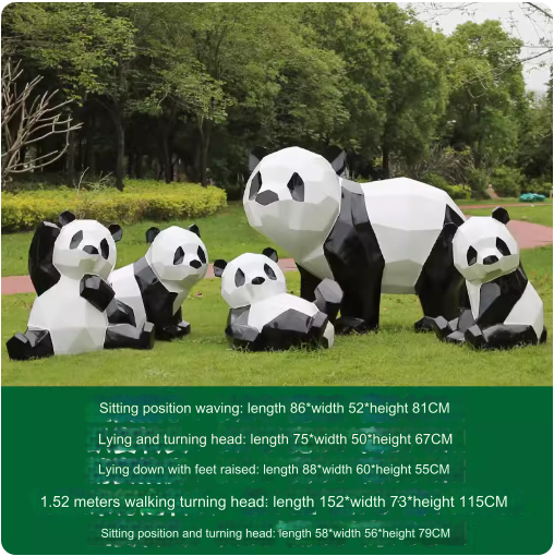 Fiberglass painted panda sculpture, outdoor lawn decoration with geometric animal design.