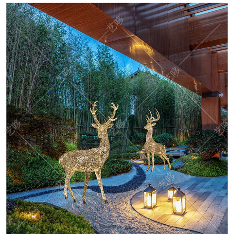 Outdoor Stainless Steel Hollowed-out Illuminated Deer Sculpture Art Installation Ornament