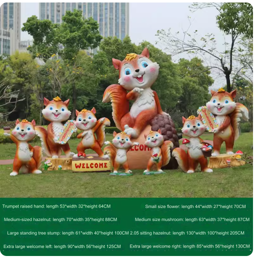 Fiberglass material, environmentally friendly and harmless, suitable for outdoor use, designed as a cartoon squirrel sculpture for lawn decoration in parks.