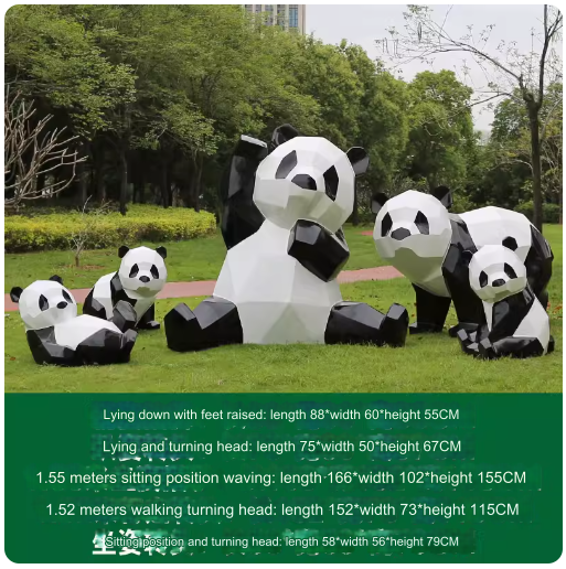 Fiberglass painted panda sculpture, outdoor lawn decoration with geometric animal design.