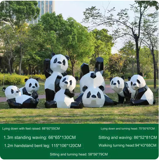 Fiberglass painted panda sculpture, outdoor lawn decoration with geometric animal design.