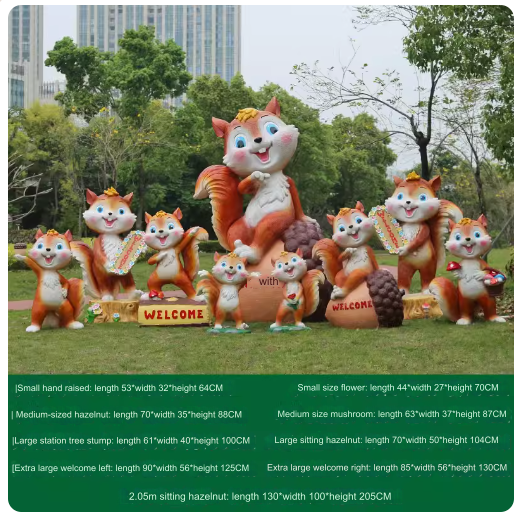 Fiberglass material, environmentally friendly and harmless, suitable for outdoor use, designed as a cartoon squirrel sculpture for lawn decoration in parks.