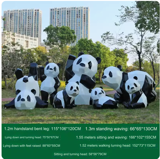 Fiberglass painted panda sculpture, outdoor lawn decoration with geometric animal design.