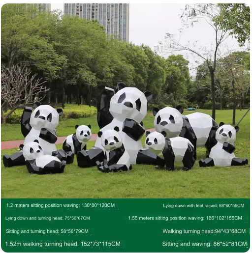 Fiberglass painted panda sculpture, outdoor lawn decoration with geometric animal design.