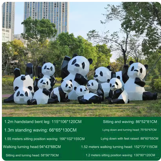 Fiberglass painted panda sculpture, outdoor lawn decoration with geometric animal design.