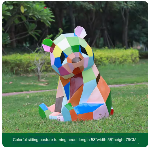 Fiberglass painted panda sculpture, outdoor lawn decoration with geometric animal design.