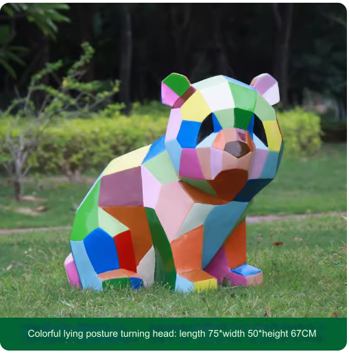 Fiberglass painted panda sculpture, outdoor lawn decoration with geometric animal design.