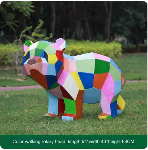 Fiberglass painted panda sculpture, outdoor lawn decoration with geometric animal design.