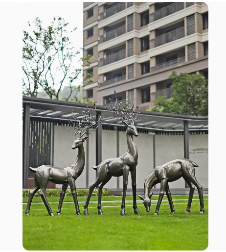 Outdoor abstract imitation bronze deer sculpture, made of fiberglass, suitable for landscape decoration.