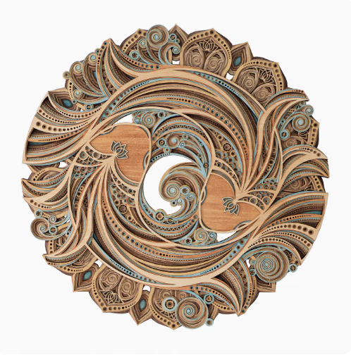 Circular wall decoration with stacked wooden carvings in a new Chinese style, ideal for adorning the living room or dining room background wall.