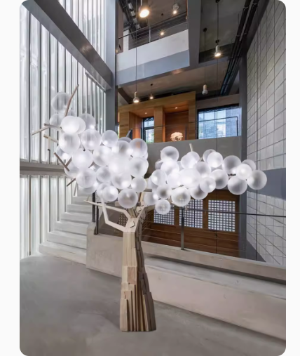 Interior landscape transparent tree ball lamp art installation, large floor decoration for hall landscaping.