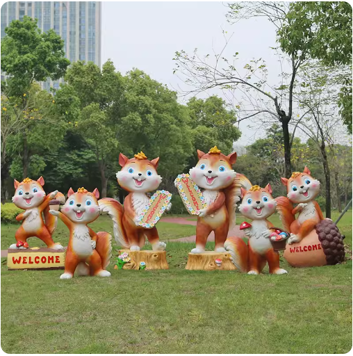 Fiberglass material, environmentally friendly and harmless, suitable for outdoor use, designed as a cartoon squirrel sculpture for lawn decoration in parks.