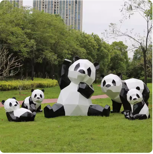 Fiberglass painted panda sculpture, outdoor lawn decoration with geometric animal design.