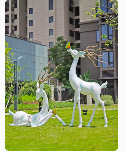 Crafted from fiberglass, these abstract white deer sculptures serve as stunning outdoor decorative pieces, perfect for enhancing the aesthetic appeal of parks, lawns, and gardens.