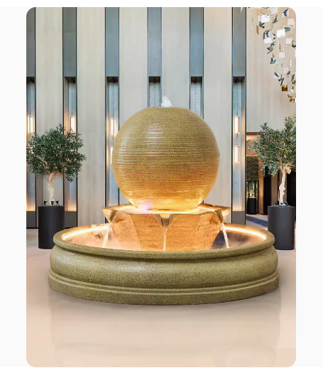 This outdoor courtyard fish pond features a large European-style round water fountain sculpture that doubles as a humidifier and floor decoration.